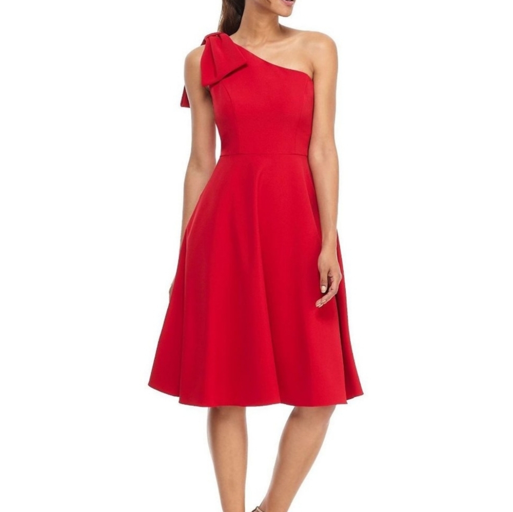 Gal Meets Glam Yvonne Ruby Red One Shoulder Bow Midi Dress PocketsSize 10